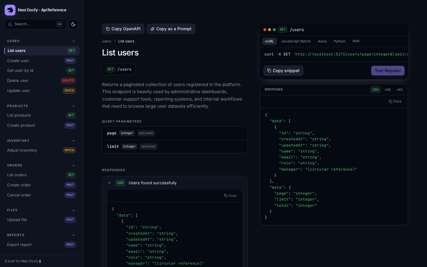 docfy-ui detalhe de endpoint com Copy for AI